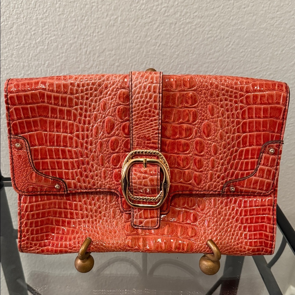 Jessica Simpson Chic Orange Crocodile-Embossed Patent Leather Clutch